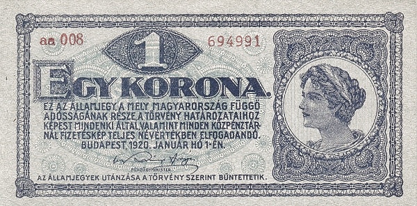 1920 - 1 korona, női arc - Pénzügyminisztérium