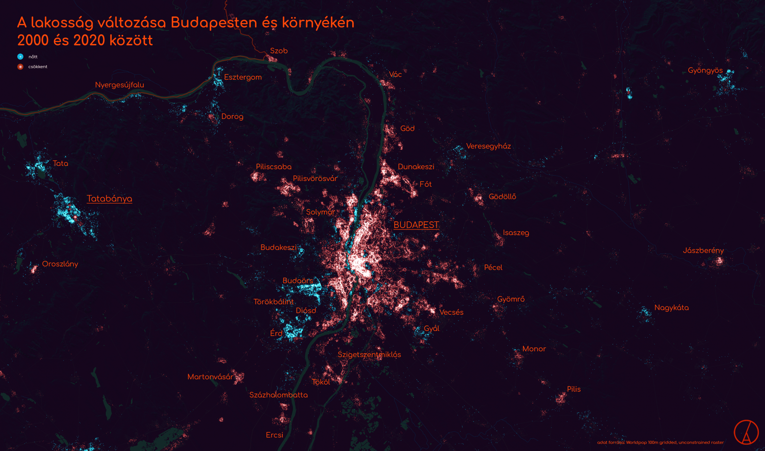 A lakosság változása Budapesten és környékén 2000 és 2020 között / Qgis, Unfolded / koncepció